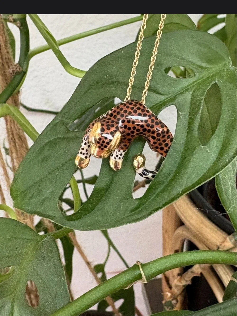 Leopard Cheetah Pendant Necklace - 14K Gold, Orange & Black Enamel - Picture 2 of 7